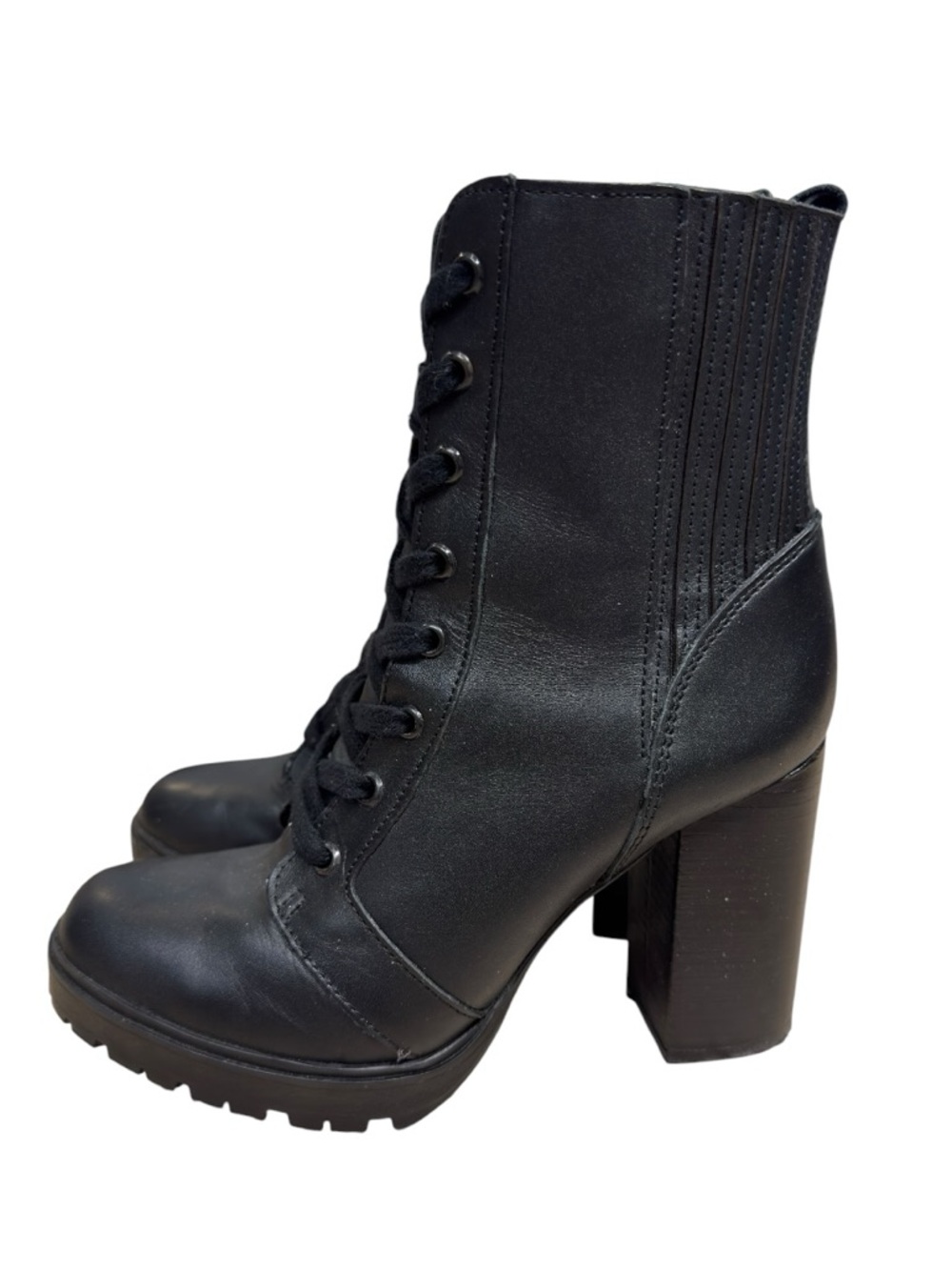 Steve Madden Lead Combat Boots Black Leather Lug Sole Chunky Heel Zip US 8.5 Y2K